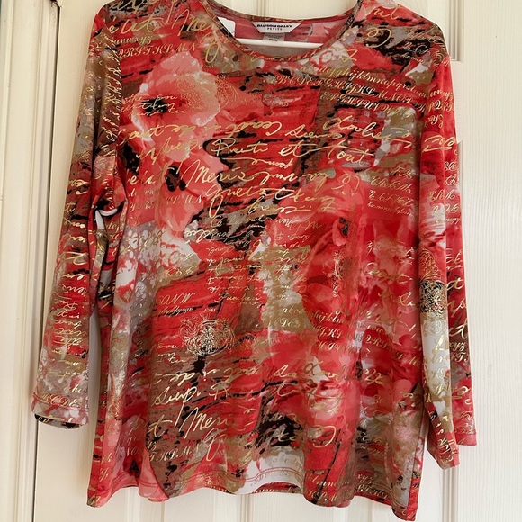 ALLISON DALEY Womens Size Petite Medium Coral Pink Gold Script Shiny Dressy Top - Picture 1 of 5